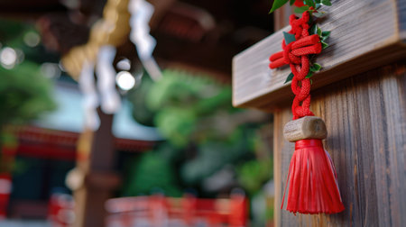 A vibrant red tassel with a decorative knot hangs gracefully on a wooden structure within a traditional Japanese shrine, surrounded by lush greenery.の素材