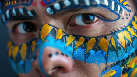 This close-up image showcases a young person adorned with vibrant face paint, featuring intricate patterns in bright colors. The artistic expression highlights individuality and cultural significance.の素材
