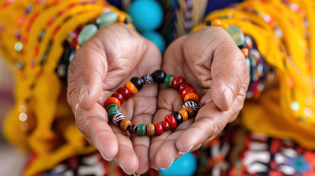 A person displays a vibrant handmade bracelet between their hands, embodying cultural richness and artistry. The intricate beads showcase traditional craftsmanship and personal expression.の素材