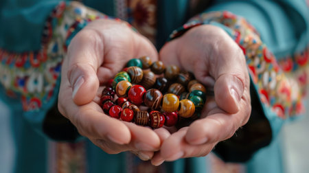 A pair of hands gently cradles an assortment of vibrant beads in various colors and textures, showcasing traditional craftsmanship and cultural significance.の素材