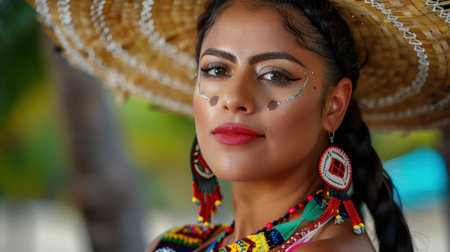A stunning portrait of a woman dressed in traditional Mexican attire, showcasing colorful accessories and vibrant makeup against a natural backdrop, embodying cultural beauty.の素材