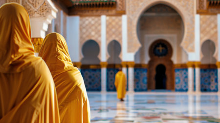Explore the stunning beauty of a Moroccan palace interior, featuring figures in traditional yellow attire, surrounded by intricate tile patterns and stunning architecture.の素材