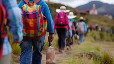 A vibrant group of hikers wearing colorful backpacks walks on a scenic trail through the Andes. They engage in cultural traditions while exploring the beautiful landscape.の素材