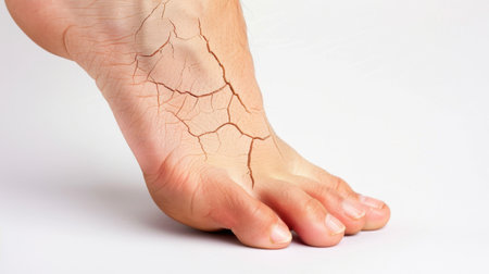 This image showcases a close-up view of a dry, cracked foot. The skin exhibits visible cracks resembling a desert landscape. The photograph is isolated on a clean white background, emphasizing the health concerns related to dryness and cracked skin.の素材