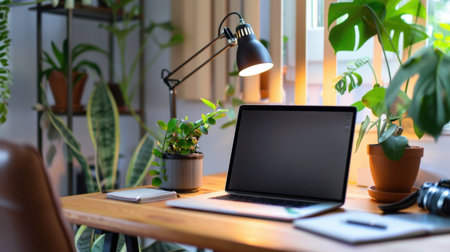 A serene and inviting workspace featuring a laptop, lush indoor plants, and warm lighting. Perfect for enhancing creativity and productivity in a modern home office.の素材