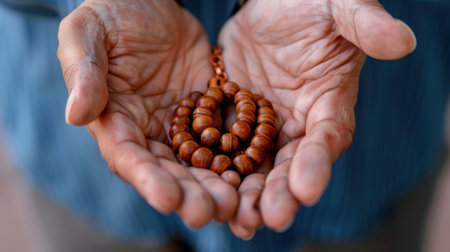 This image captures hands gently holding wooden prayer beads, symbolizing meditation and spiritual reflection, evoking a sense of calm and peacefulness.の素材