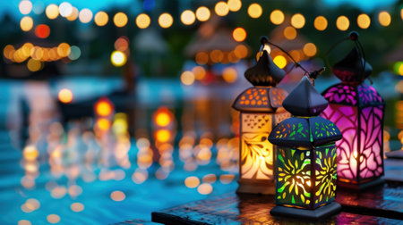 A captivating scene featuring colorful lanterns casting a warm glow in a serene outdoor setting, enhanced by a beautiful bokeh effect at dusk.の素材
