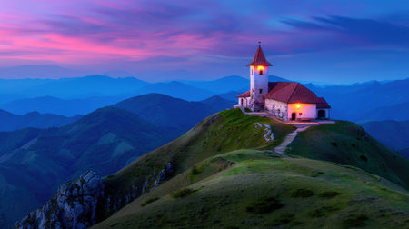 This captivating image showcases a charming church perched on a mountain peak during a breathtaking sunset, surrounded by serene landscapes and vibrant colors.の素材