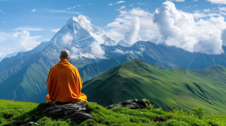 A tranquil scene showing a monk in an orange robe meditating on a rock, surrounded by lush greenery and majestic snow-capped mountains against a clear sky.の素材