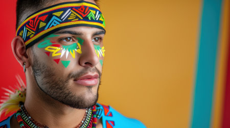 A young man adorned with vibrant face paint and traditional attire stands confidently against a bright and colorful background, showcasing his cultural identity.の素材