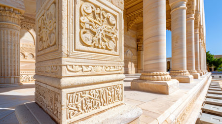 This image showcases intricate carvings on a historical architectural column, illuminated beautifully by natural sunlight, highlighting the craftsmanship and design.の素材