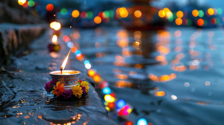A beautiful scene featuring diyas floating on water during a festival, surrounded by colorful lights creating a serene and festive ambiance.の素材