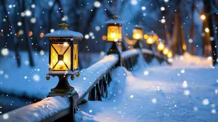 A picturesque scene depicting a charming bridge adorned with glowing lanterns on a snowy winter night. Delicate snowflakes softly fall, enhancing the magical atmosphere.の素材