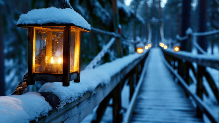 A charming lantern provides a warm glow along a snowy pathway on a tranquil winter evening, surrounded by serene forest landscapes and gentle snow.の素材