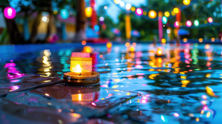 This enchanting scene features beautifully illuminated floating candles on a tranquil water surface, surrounded by colorful lanterns. Ideal for evoking serenity and celebration.の素材