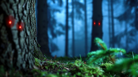Discover a captivating forest scene shrouded in mist, featuring trees with mysterious red eyes that create an eerie yet enchanting atmosphere.の素材