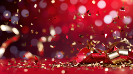 A vibrant and cheerful background featuring a burst of colorful confetti falling over a soft red bokeh ambiance, perfect for celebrations and events.の素材