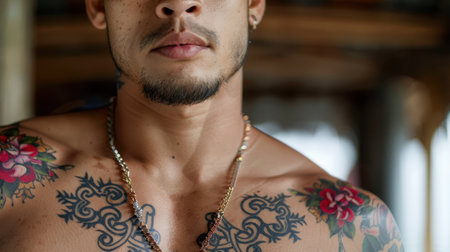 This close-up portrait captures a man showcasing his artistic tattoos and unique jewelry against a natural backdrop, emphasizing individuality and style.の素材