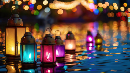 A captivating scene featuring colorful lanterns glowing gently on the water surface, surrounded by vibrant bokeh lights for a festive evening atmosphere.の素材