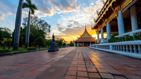 A stunning view of a traditional Thai temple at sunset, showcasing intricate architecture and lush gardens, perfect for capturing the essence of tranquility.の素材