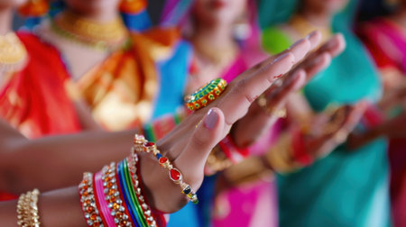 Close-up view of beautifully adorned hands featuring intricate henna designs and colorful bangles, celebrating culture and artistry in a dance performance.の素材