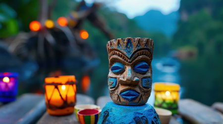 A traditional tiki sculpture stands prominently on a table surrounded by colorful candles, creating a tranquil atmosphere by the water.の素材