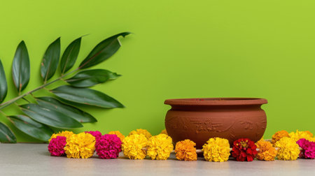 A charming terracotta pot surrounded by vibrant marigold flowers creates a stunning visual on a bright green background, perfect for festive decor.の素材