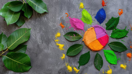 This image features a vibrant arrangement of colored powders shaped in a circular design, surrounded by lush green leaves, set against a textured surface.の素材