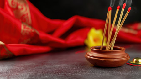 A serene image featuring burning incense sticks in a traditional holder, surrounded by luxurious red fabric. Create a calming atmosphere perfect for relaxation.の素材