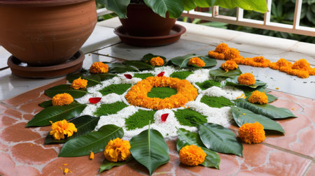 A stunning floral rangoli design made with marigold flowers and green leaves, creating a vibrant and colorful artwork for festive occasions.の素材