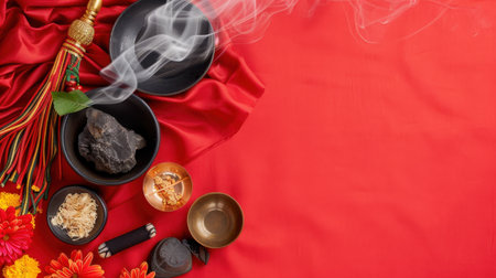 This vivid composition features herbal elements, incense, and colorful flowers arranged on a red background, perfect for wellness, meditation, and spiritual practices.の素材