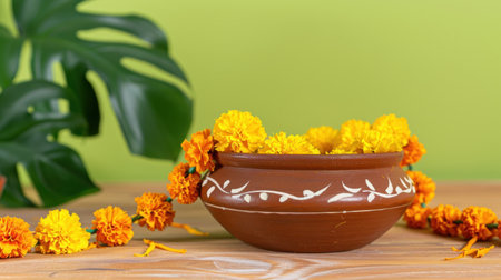A stunning arrangement of vibrant marigold flowers in a traditional clay bowl, set against a refreshing green background. Perfect for festive decor.の素材