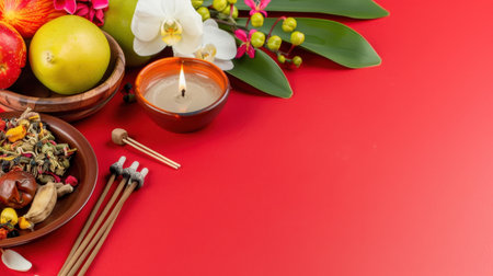 This vibrant still life features fresh fruits, herbs, and candles arranged beautifully on a red background, perfect for promoting relaxation and wellness themes.の素材
