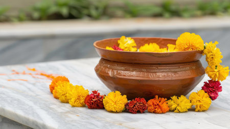 A beautifully crafted clay bowl filled with vibrant flower petals, showcasing natural colors for festive decoration. Perfect for ceremonies and events.の素材