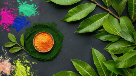 A captivating flat lay of vibrant powders surrounded by fresh green leaves on a dark surface, perfect for art, design, or wellness projects.の素材