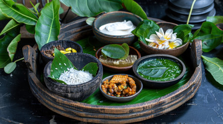 A beautifully arranged serving tray featuring traditional Indian cuisine ingredients, showcasing vibrant herbs, spices, and fresh leaves, perfect for food lovers.の素材