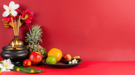 A vibrant arrangement featuring fresh fruits, colorful flowers, and traditional offerings on a rich red background, perfect for celebrating festivals and rituals.の素材