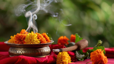 A captivating image featuring a bowl filled with marigold flowers and swirling incense smoke, set on a rich red fabric. This artwork showcases tradition and beauty.の素材