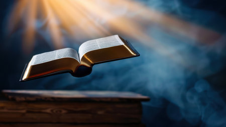 An enchanting image of an open book suspended above a wooden surface, illuminated by radiant light, creating a mystical and serene atmosphere.の素材