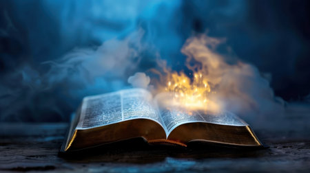 A captivating image of an open book surrounded by mystical flames and ethereal smoke, evoking a sense of magic and deep knowledge in a dark atmosphere.の素材