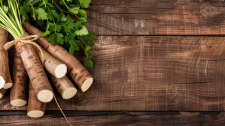 A collection of fresh root vegetables accompanied by vibrant parsley on a rustic wooden table, perfect for culinary creativity and health-focused themes.の素材