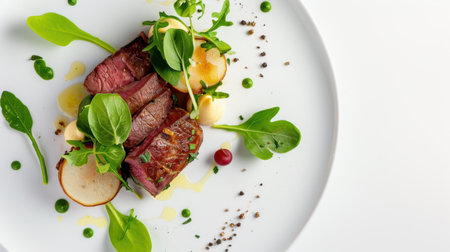 Experience the beauty of gourmet cuisine with this exquisite presentation of juicy beef steak accompanied by fresh greens and colorful garnish, perfect for culinary enthusiasts.の素材