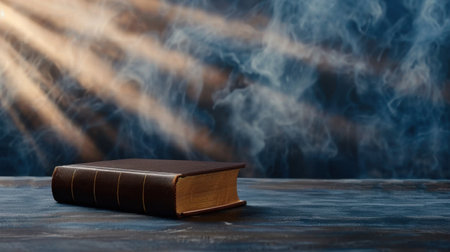 A vintage leather-bound book rests on a wooden table, illuminated by soft rays of light breaking through swirling smoke, evoking a sense of mystery and serenity.の素材