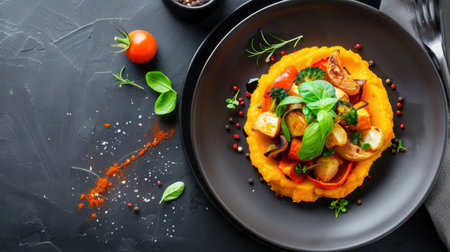 A beautifully arranged gourmet vegetable dish featuring bright colors and fresh ingredients, artfully garnished with herbs and tomatoes on a sleek black plate.の素材