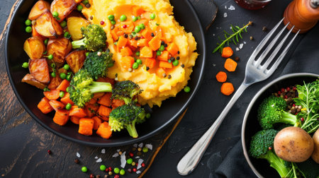 A beautifully arranged plate featuring creamy mashed potatoes, vegetables, and fresh broccoli. Ideal for showcasing healthy and delicious meals.の素材