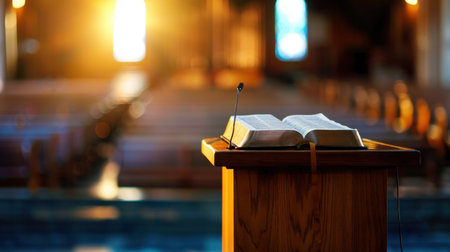 A beautifully illuminated image of an open Bible resting on a wooden podium in an empty church. The warm morning light enhances the serene and peaceful atmosphere, inviting reflection and contemplation.の素材