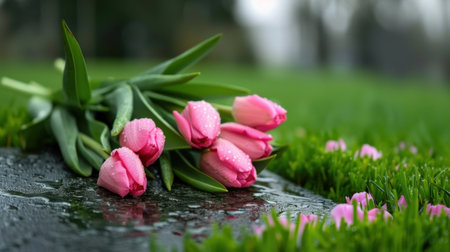 A stunning arrangement of freshly cut pink tulips adorned with water drops rests on a stone surface, enhancing the vibrant greens of the grass.の素材
