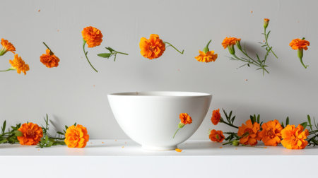 A striking still life featuring a white bowl surrounded by vibrant orange marigold flowers, creating a cheerful and captivating atmosphere full of beauty.の素材