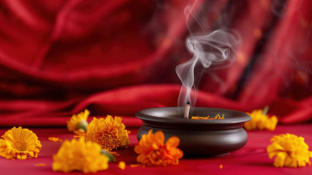A serene composition featuring an incense holder emitting gentle smoke, surrounded by vibrant marigold flowers on a rich red background.の素材