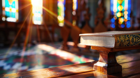 This image features a beautifully illuminated Bible resting on a wooden stand, with colorful stained glass windows illuminating the church interior. The warm rays of light create a serene and inviting atmosphere, perfect for reflection and prayer.の素材